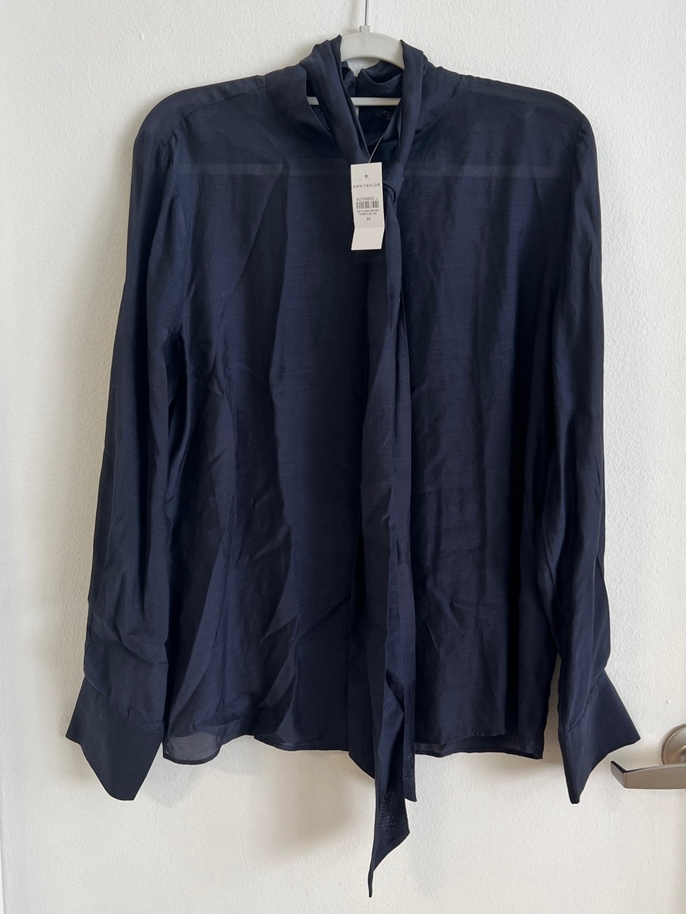 Ann Taylor Sheer Navy Tie Neck Long sleeve Blouse